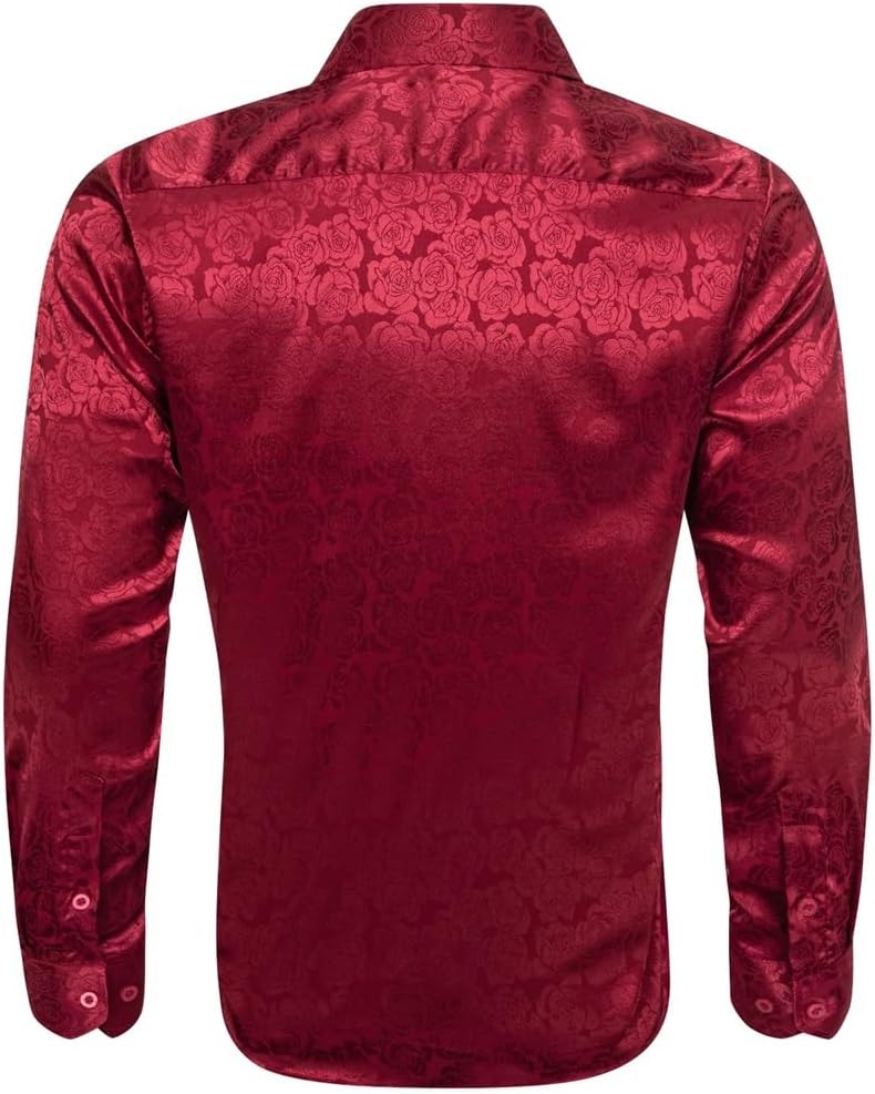 Silk Long Sleeve Burgundy Red Flower Slim Fit Male Blouese Casual Tops Formal