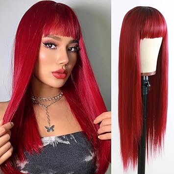 Freyja Wine Red Wig with Bangs Heat Resistant Synthetic Fiber Fully Mechanized Wig Women?s Long Straight Hair Daily Use and Role Playing (24 Inch)