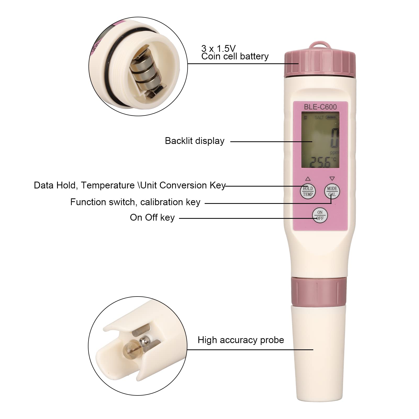Misuratore Digitale BLE C600 e Kit per il Test 'acqua, Penna per il Test a qualità 'acqua, Tester PH Bluetooth Intelligente con ATC, Misuratore di Temperatura a
