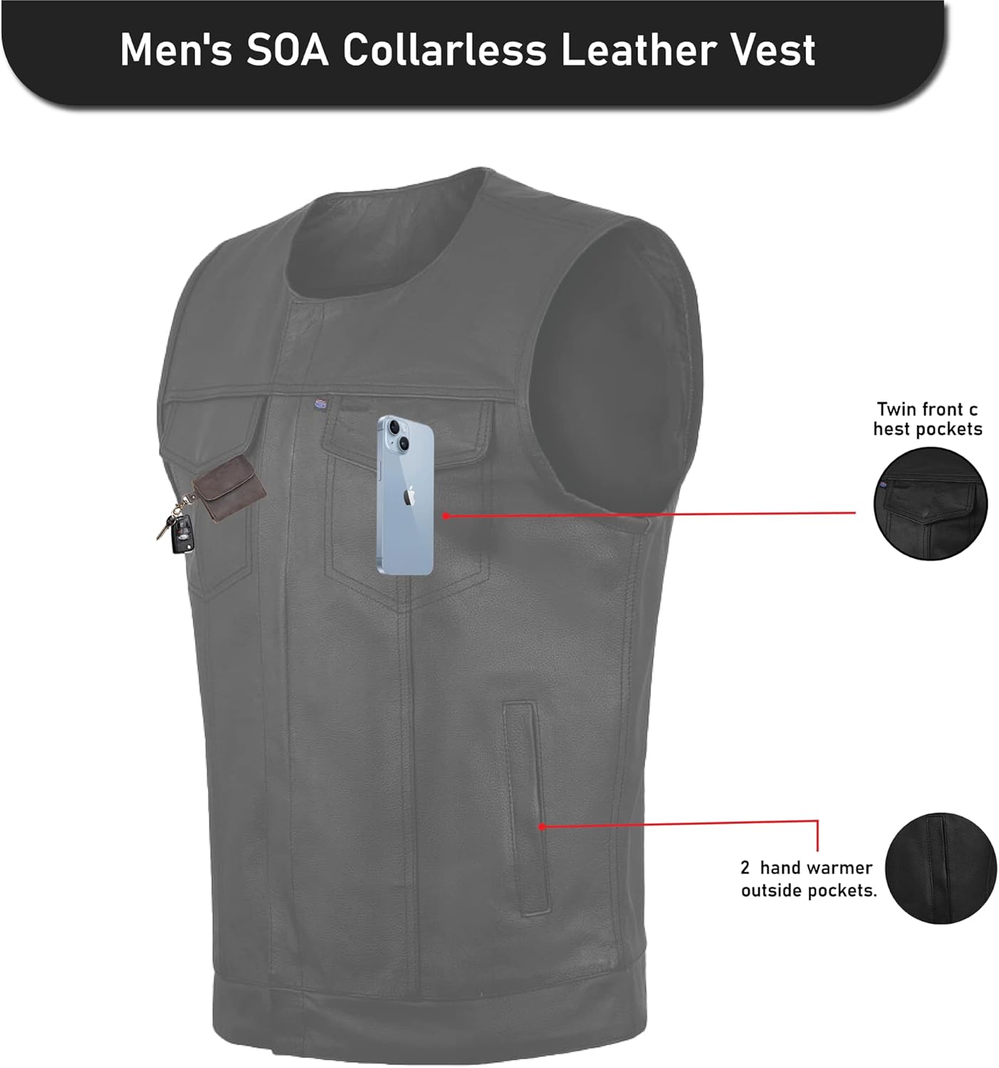 Men's Sleek Black Leather Motorcycle Vest – Classic Biker Club Style