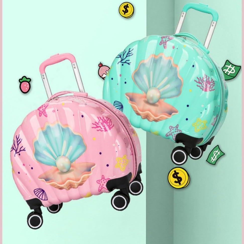 Image of ADSON Children 3D Cute Mermaid Sea Shell Design Pearl Print Kids Trolley Bag Cabin Suitcase for Children Teens 360 Travel Trolley Child Hardsided Suitcase Boy Girl Luggage (Mermaid Sea Green)