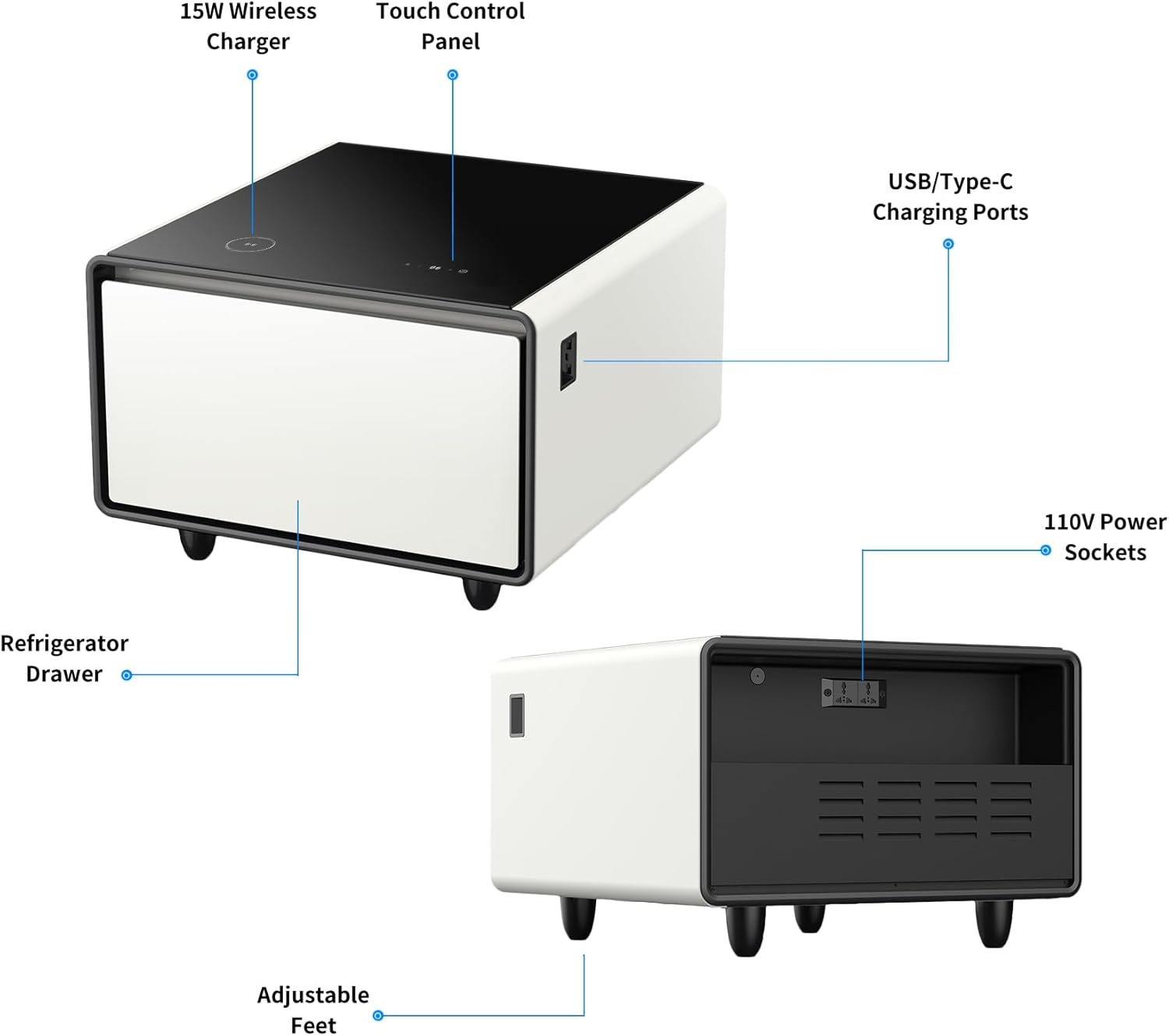 Smart Side Table with Fridge, Smart Nightstand with Refrigerator, Induction Light, Temperature Control, Wireless Charging, Power Socket, USB Ports, Outlet Protection (White, LT65 Pro)