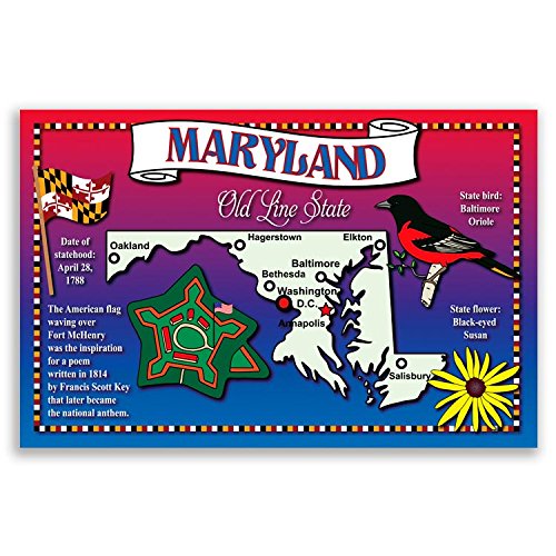 MARYLAND STATE MAP postcard set of 20 identical postcards. Post cards with MD map and state symbols. Made in USA.