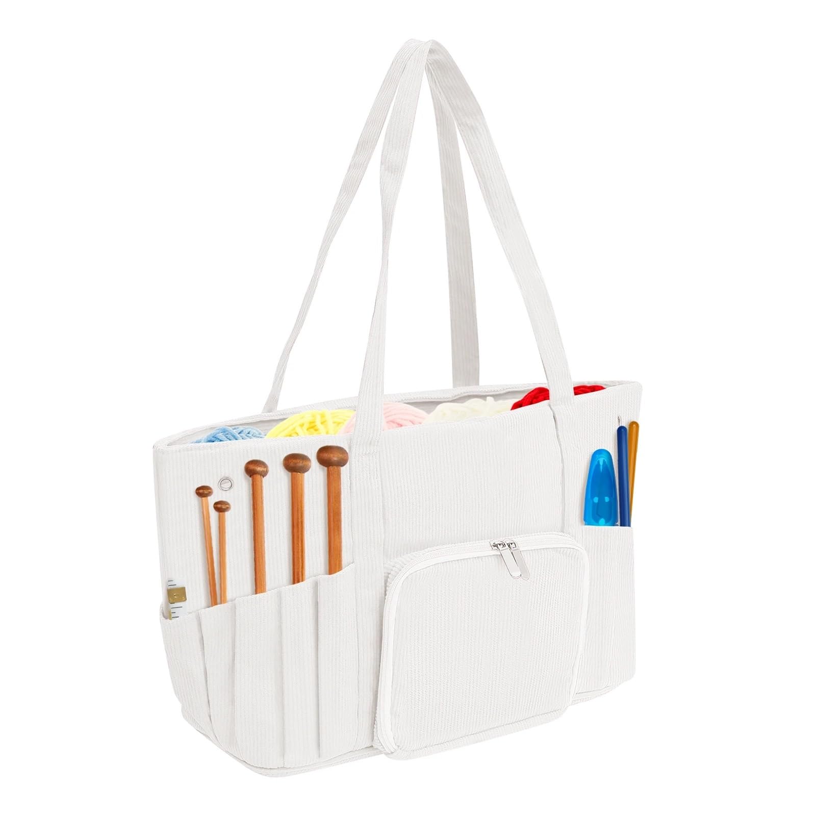 Bolsa de tejer vacía, bolsa almacenamiento hilo, multifuncional for agujas, ganchos crochet y accesorios costura(White)