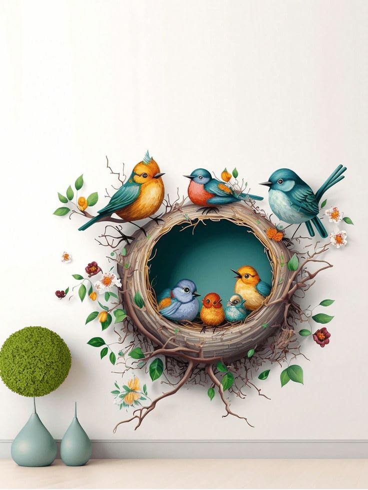 3D Bird Nest Wall Sticker, Colorful Birds with Floral Branches, Self-Adhesive PVC, Matte Finish, 45.72 x 45.72 cm-image-43