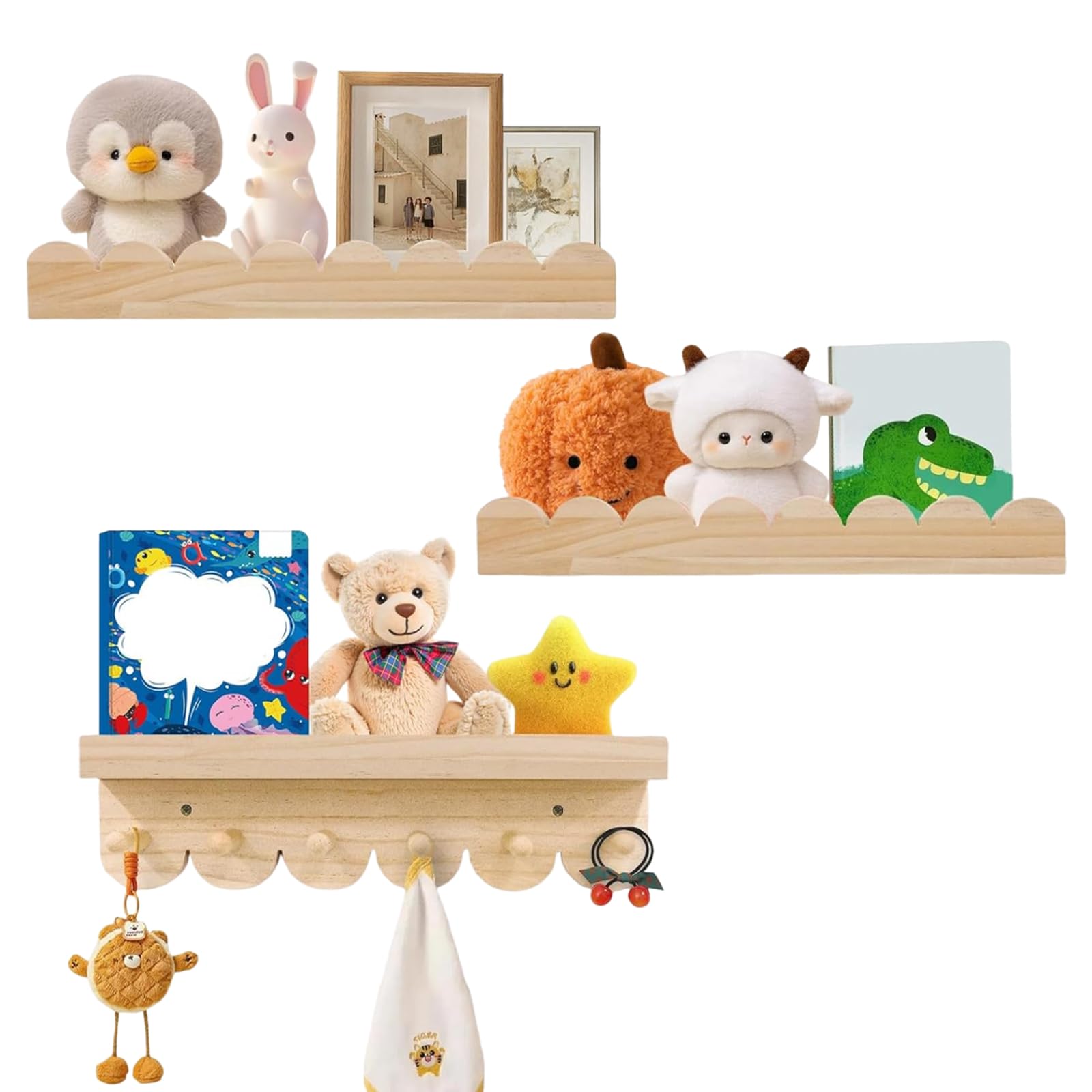 Spalivivre Wooden Nursery Book Shelves with Hooks, 3PCS Wall Kids Nursery Shelves, Scalloped Baby Floating Shelves for Kids Bedroom Living Room Wall Toy Storage Organizer, 40CM, Easy Install