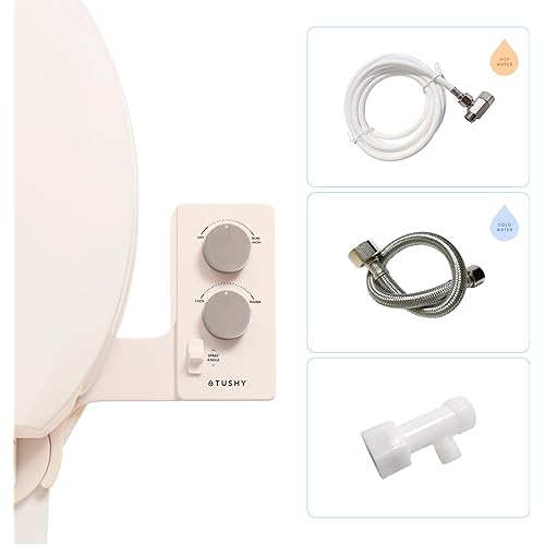 TUSHY Spa Self-Cleaning Warm Water Toilet Bidet Attachment. Adjustable Nozzle, Angle & Pressure Control. Easy DIY Home Install, Requires Sink Access for Optional Warm Water Control. (Biscuit/Platinum)