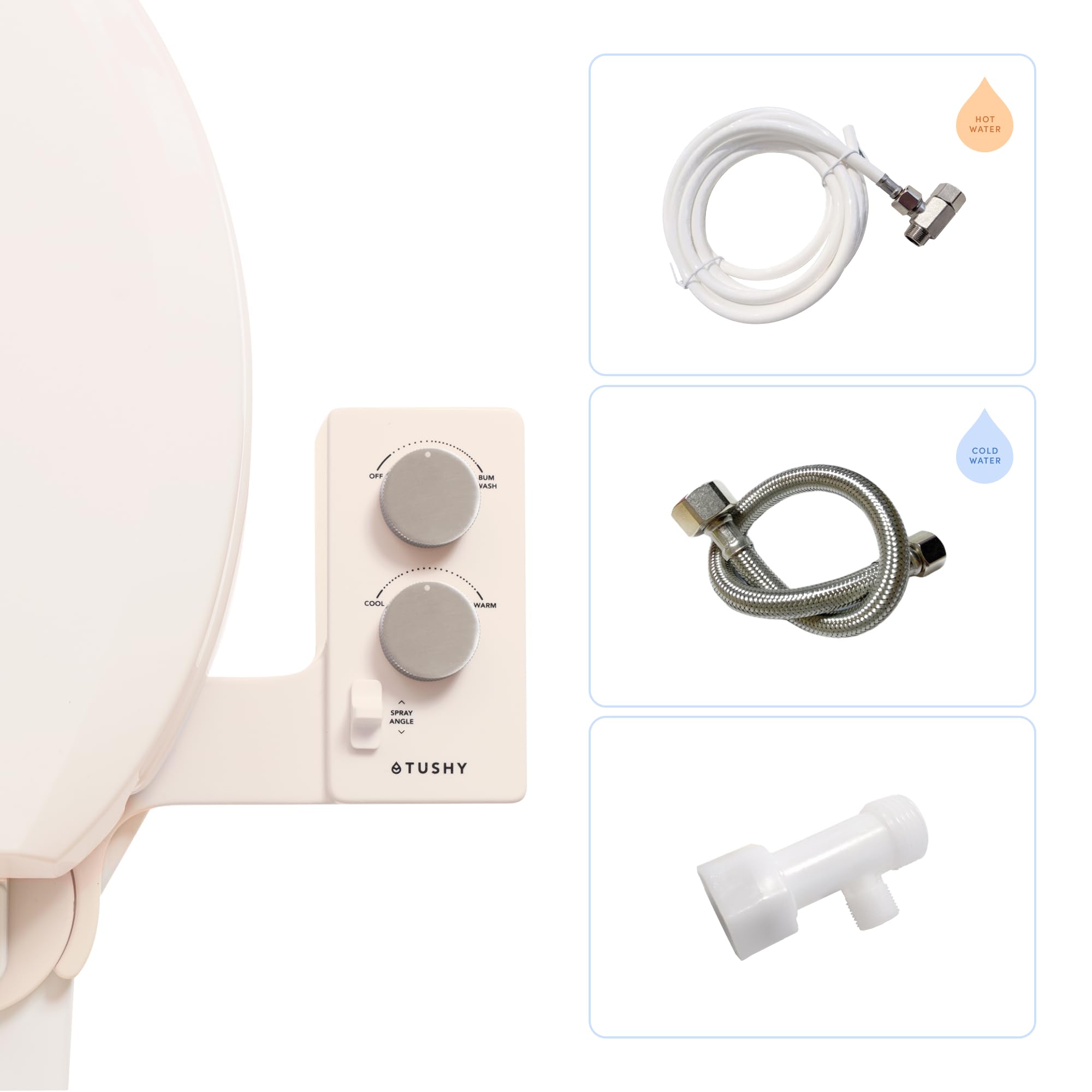 TUSHY Spa Self-Cleaning Warm Water Toilet Bidet Attachment. Adjustable Nozzle, Angle & Pressure Control. Easy DIY Home Install, Requires Sink Access for Optional Warm Water Control. (Biscuit/Platinum)