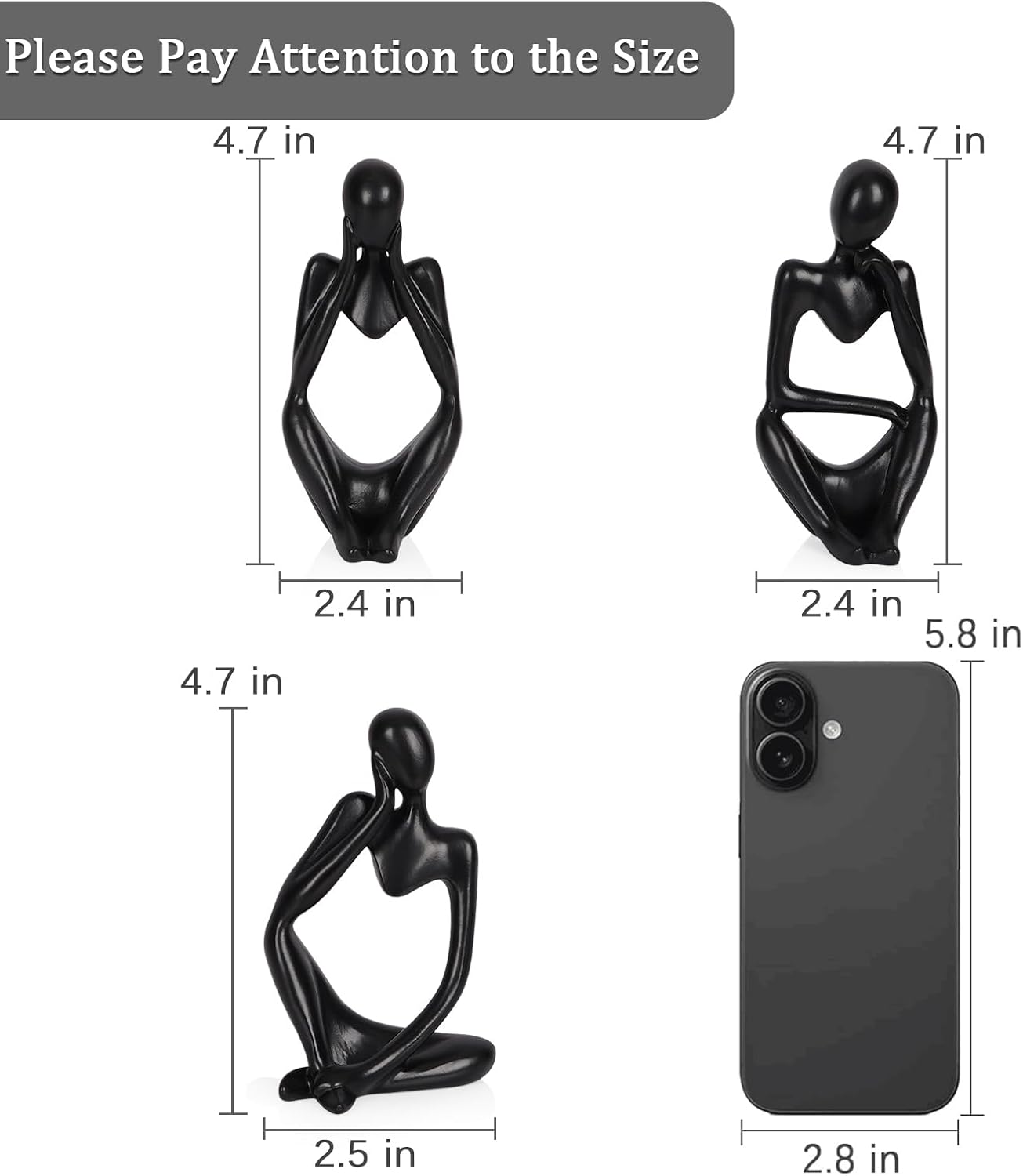 Sandstone Resin Thinker Style Abstract Sculpture Statue Collectible Figurines Home Office Bookshelf Desktop Decor (Small Black, 3pcs)