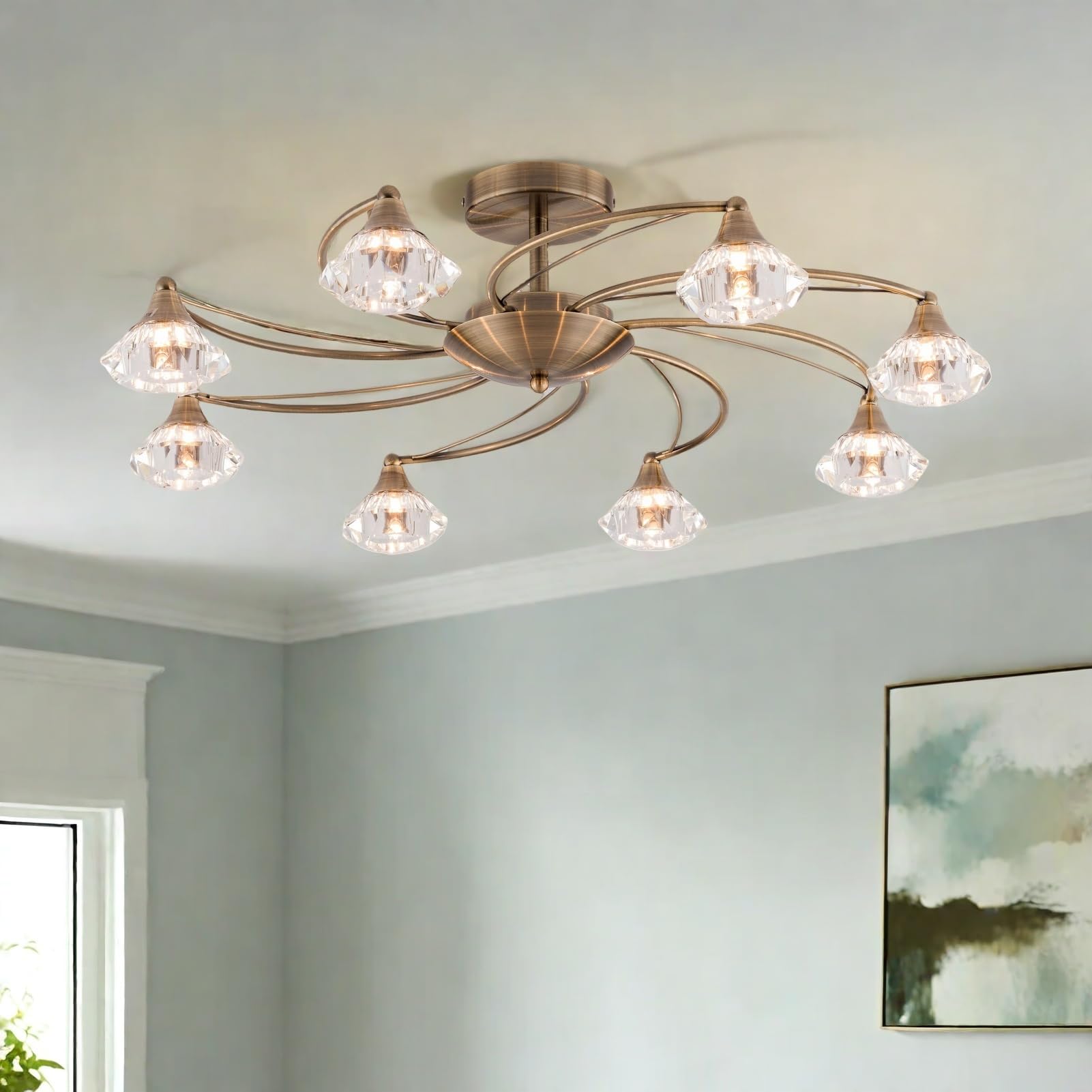 HARPER LIVING 8-Light Modern Chandeliers, Antique Brass Flush Ceiling Light with Premium Glass Shades, G9 Base, D70cm Large Dimmable Ceiling Lamp for Living Room Bedroom Kitchen, No Bulbs