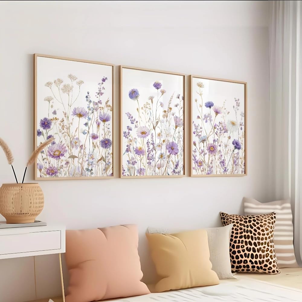 LTjiajuypd Botanische Wandkunst mit Wildblumenmotiven, neutrales Lila, florale Drucke mit Trockenblumen für das Zimmer (60x80cm-3-teilig)