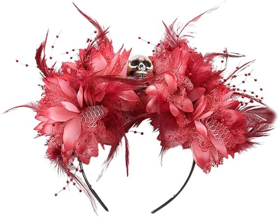 Halloween Costume Headbands Flower Feather Skull Day of the Dead Headpiece Mexican Flower Crown Dia de Los Muertos Rose Headpiece Hair Hoops for Halloween Cosplay Masquerade