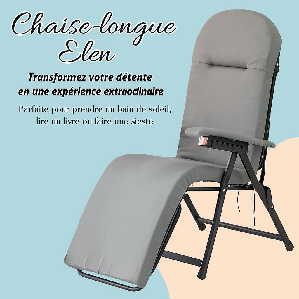 Tomaino - Chaise longue rembourrée extérieure intérieure avec repose-pieds - Fauteuil relax inclinable jusqu'à 180° - Coussin doux pliable pour maison, jardin, balcon (gris)