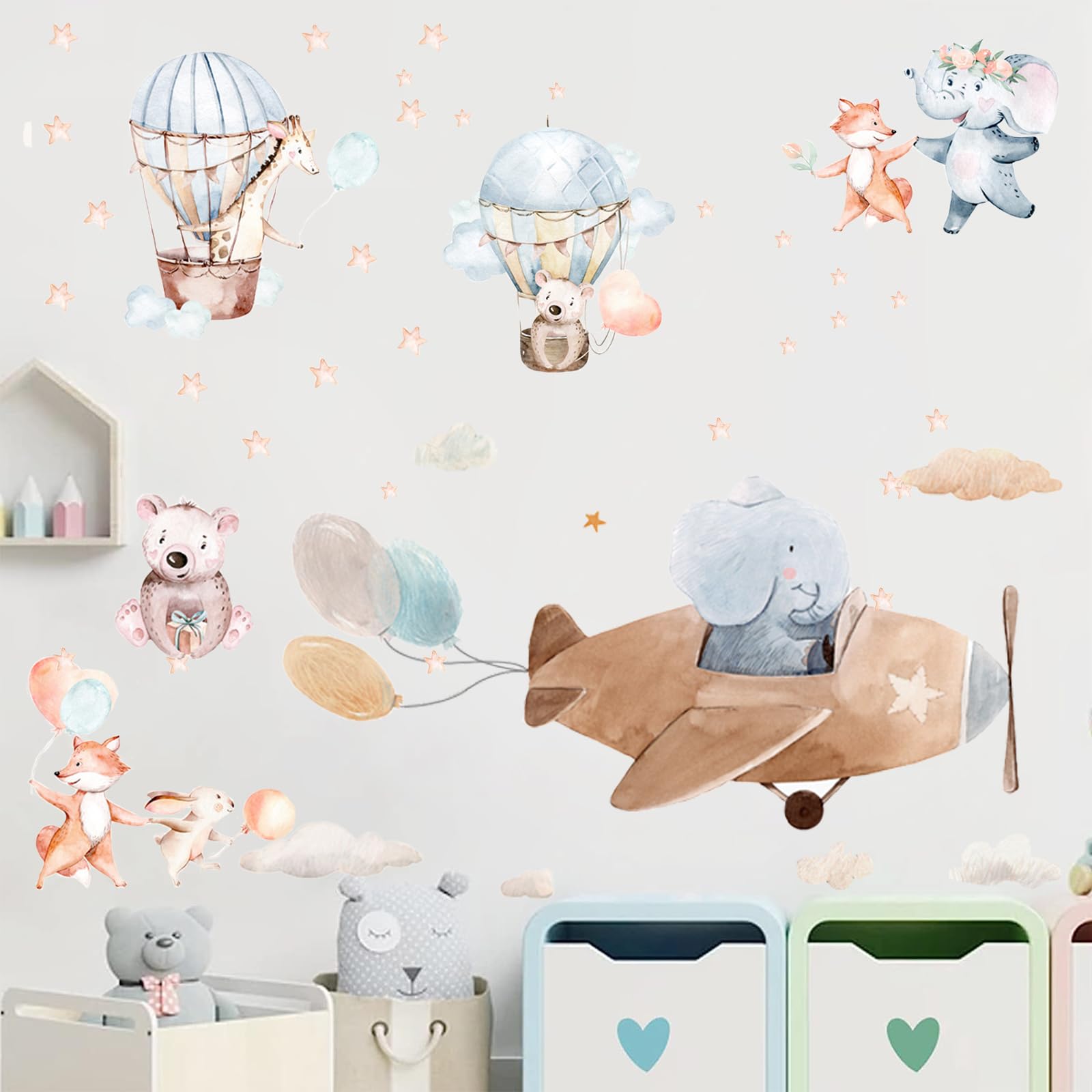 43 Pcs Pegatinas de Pared Globos Aerostáticos de Animales, Pegatinas de Pared Animales del Bosque para Habitación Infantiles Niños Dormitorio Guardería
