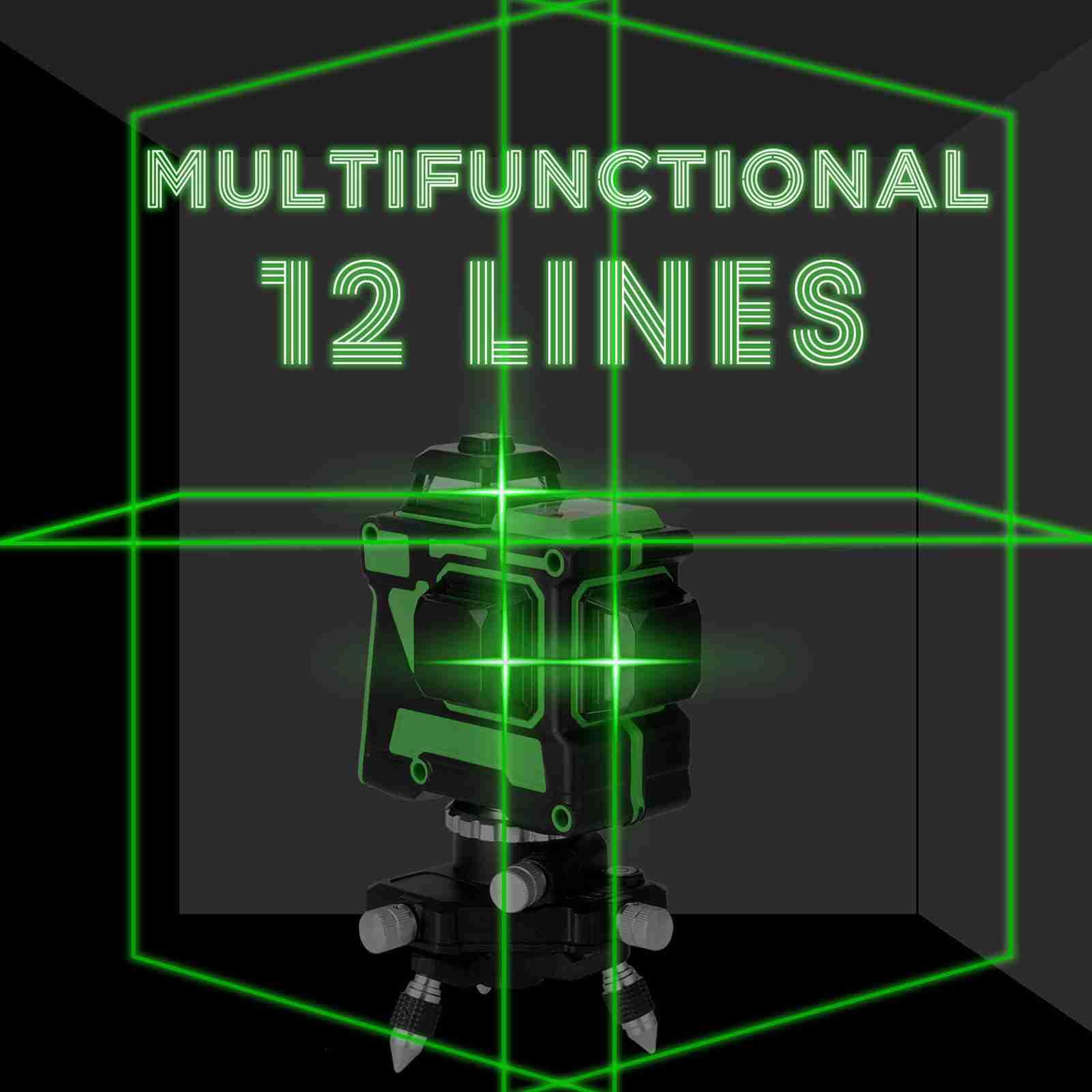 Bewinner Nivel Láser Autonivelante 3D de 12 Líneas, Haz Verde con Base Giratoria de 360° y Soporte de Trípode Ajustable, con Bolsa de Transporte para (multicolor)