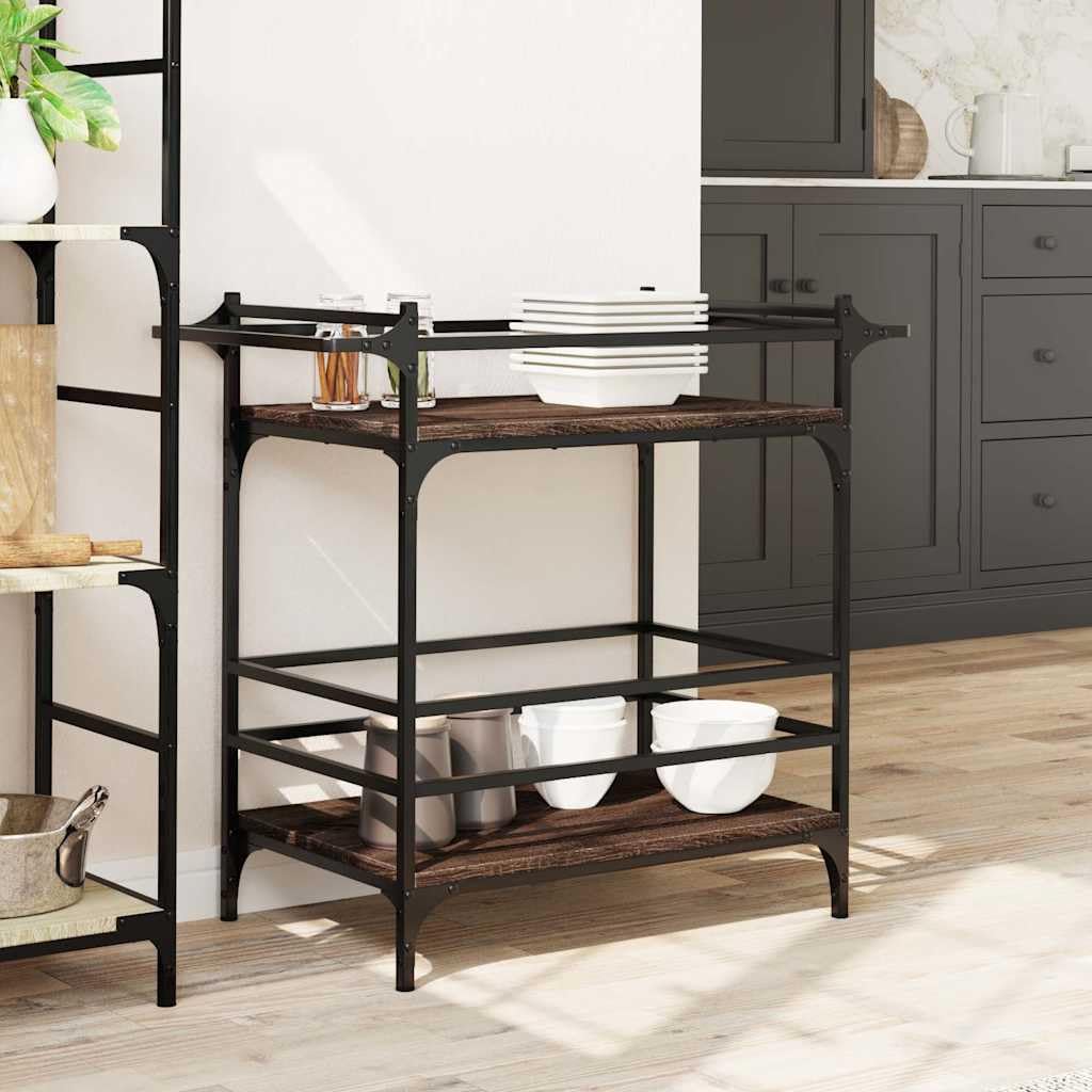 Hothingwell Carrello Cucina Rovere Marrone 82x40x78,5 cm, Carrello Portaverdure in Legno Multistrato con 4 Ruote e 2 Freni, Portaoggetti con Porta Strofinacci, per Cucina Soggiorno Bagno