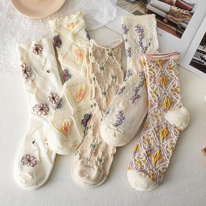 Image of Kelabia 6 Pair Cute Cotton Socks Kawaii Bear Ankle Preppy Ruffle Socks for Women Japanese Fall Vintage Crew Socks