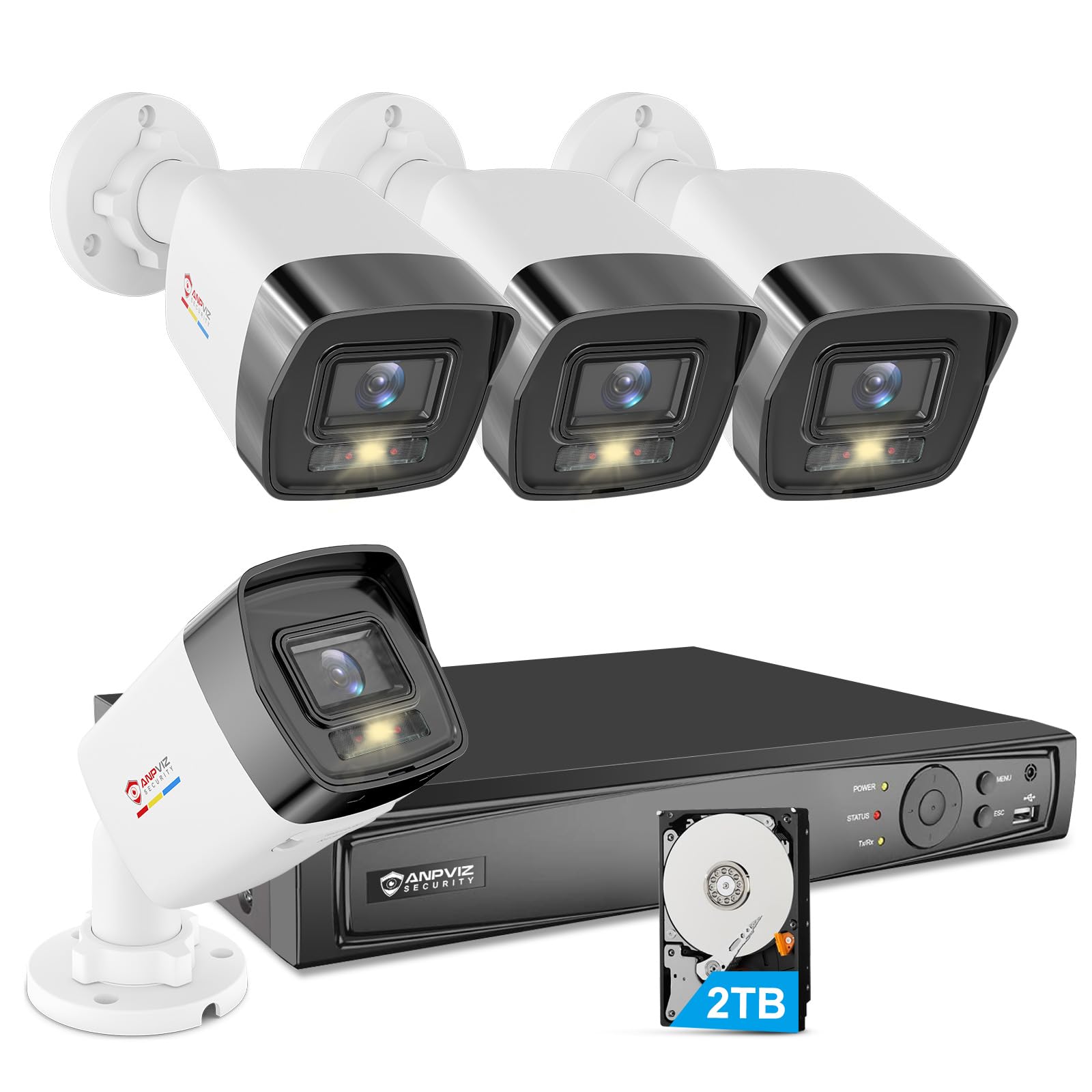 Anpviz 5MP Security Camera System, 12MP 8CH PoE NVR with 2TB HDD, 4X 114° Wide Angle Metal Bullet H.265+ POE IP Cameras, Smart Color Night Vision, Human Vehicle Detection, WDR, IP67, Without Cables