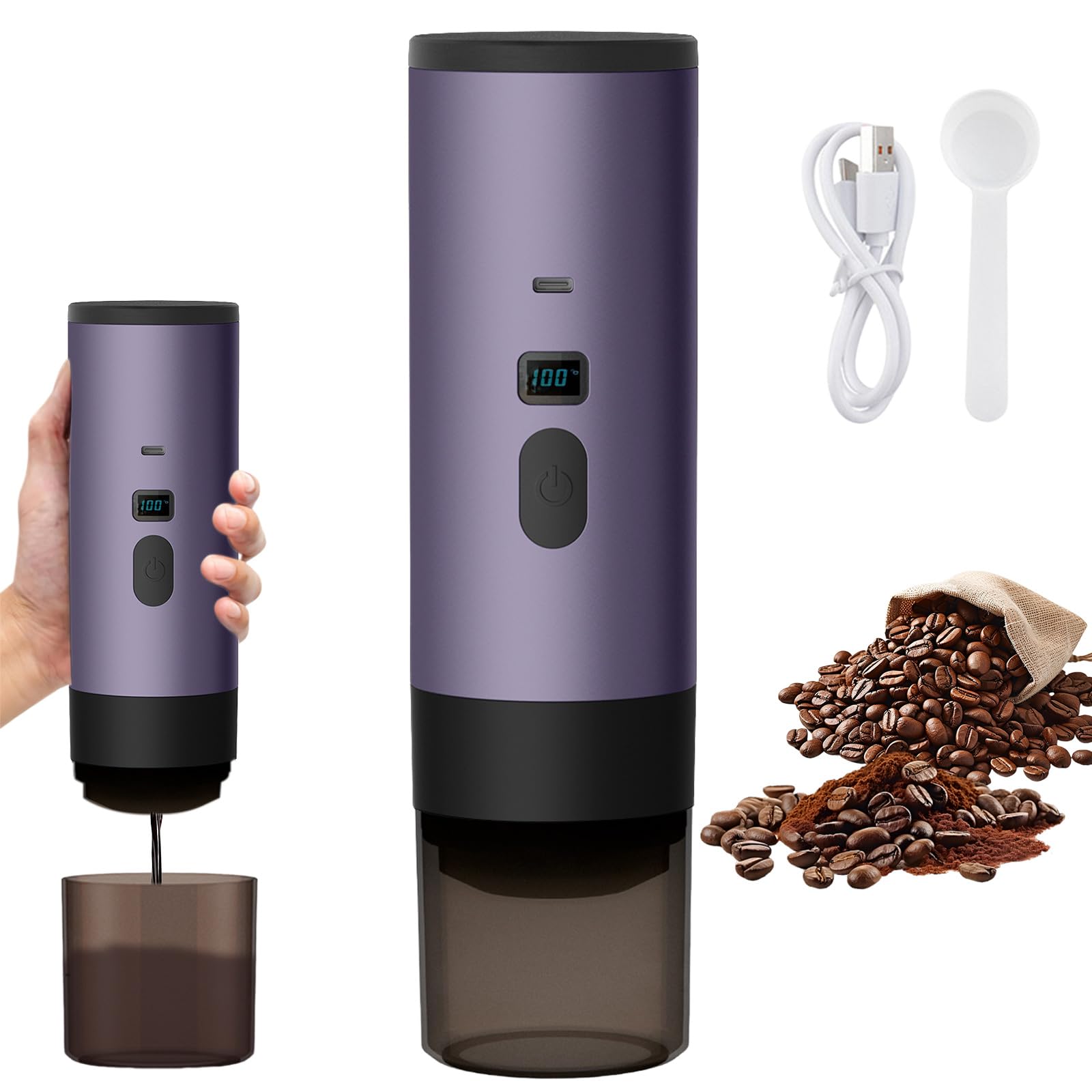 3 in 1 Multi Capsule Coffee Maker, Portable Coffee Maker, Capsule Espresso and Ground Coffee, Electric Espresso Machine, 15 Bar, for Office Travel Camping Home (Purple)