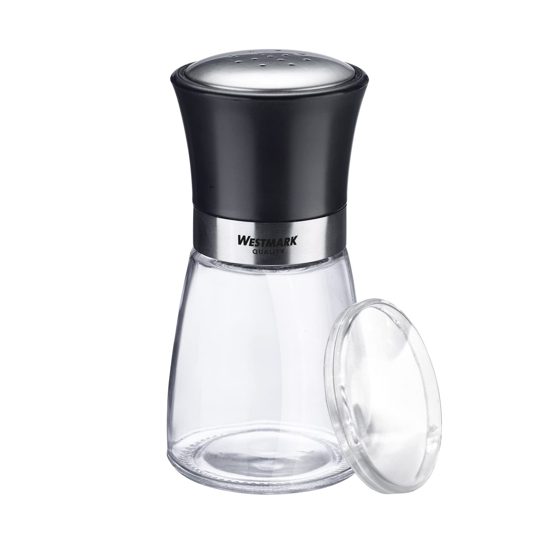 Westmark 63502260 Pot à épices avec couvercle aromatique, perforation fine, capacité : 190 ml, verre/acier inoxydable/plastique, Blacky, transparent/noir/argenté