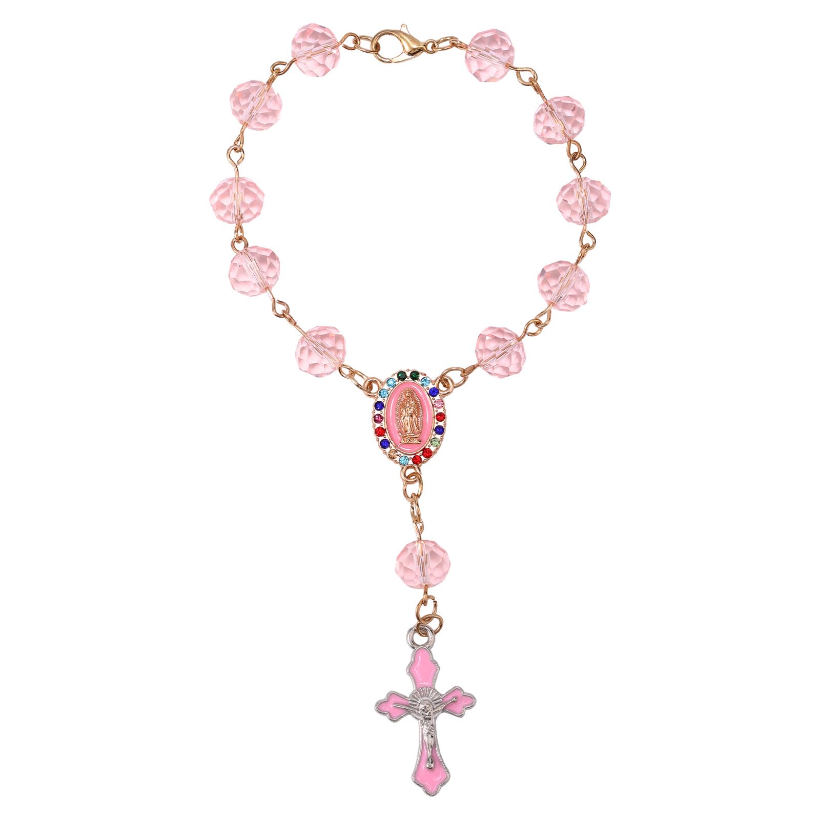 Rosario Auto da Appendere allo Specchietto Retrovisore, Ornamento Religioso a Forma di Croce con Ciondolo Cattolico Ideale per Battesimo Prima Comunione Matrimonio Uomo e Donna (Rosa)