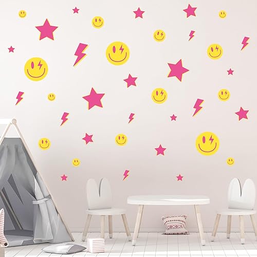 Miniatura 3 de Whaline 156 calcomanías de pared de preppy, rayo, sonrisa y estrella, calcomanías de pared de habitación rosa, calcomanías de vinilo estético para