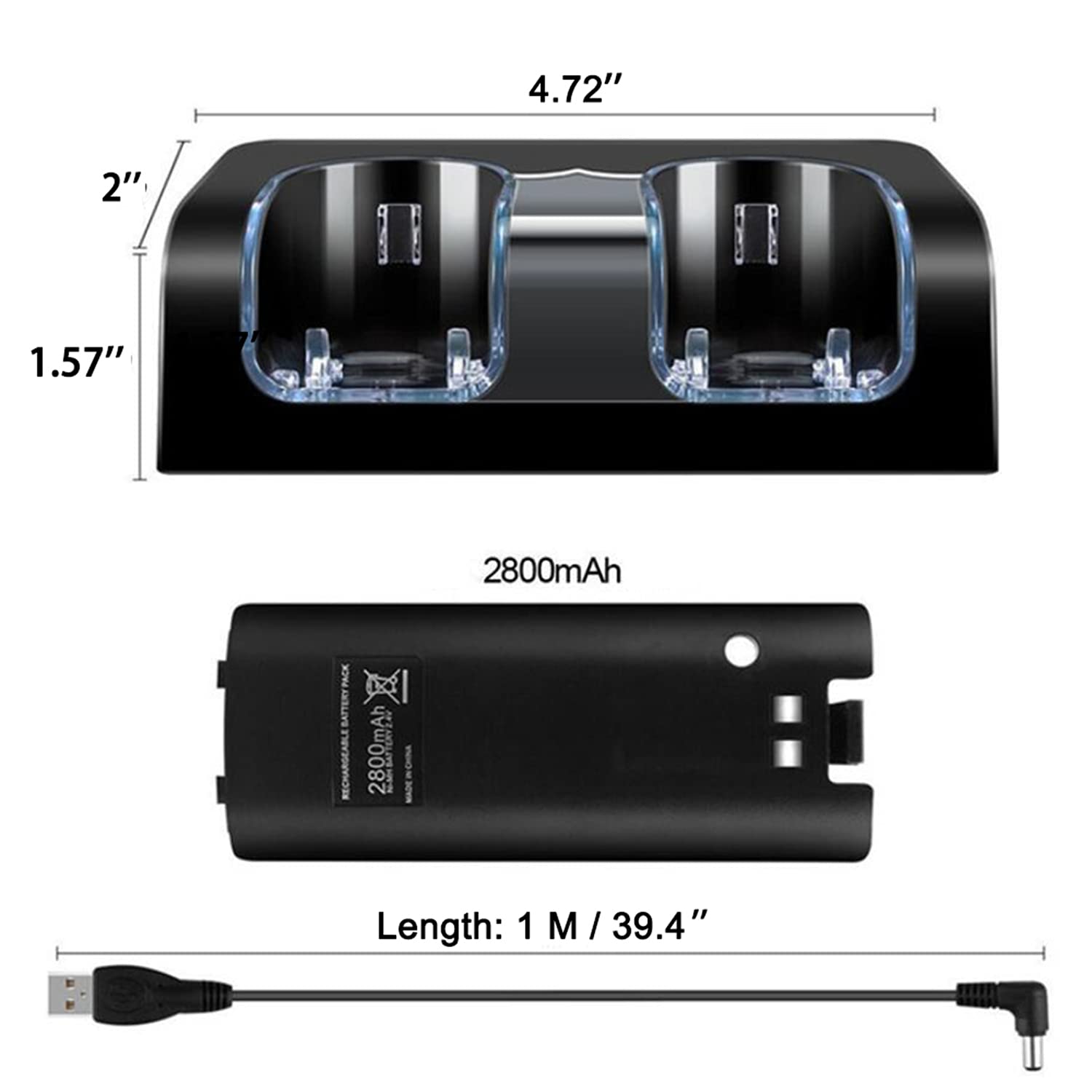 OSTENT Caricabatterie Dock Station + 2 Batterie compatibili per Nintendo Wii Remote Controller Colore Nero