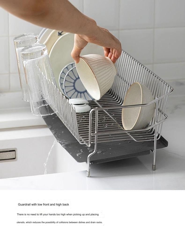 Dish Drying Rack 304 Stainless Steel Dish Rack with Drainboard Drainage, Utensil Holder for Various Kitchenware,Comes with chopstick holder Multifunctional Dish Rack for Kitchen Counter,Cup Holder,(St
