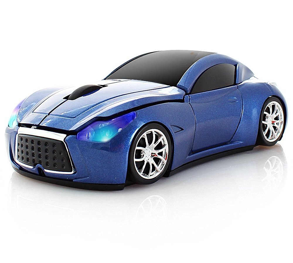 UrChoiceLtd 2.4GHz Wireless Optical Mouse Ergonomic Design Sports Car Mouse for Laptops and PCs 10M Range 3D 1600 DPI Bright Blue