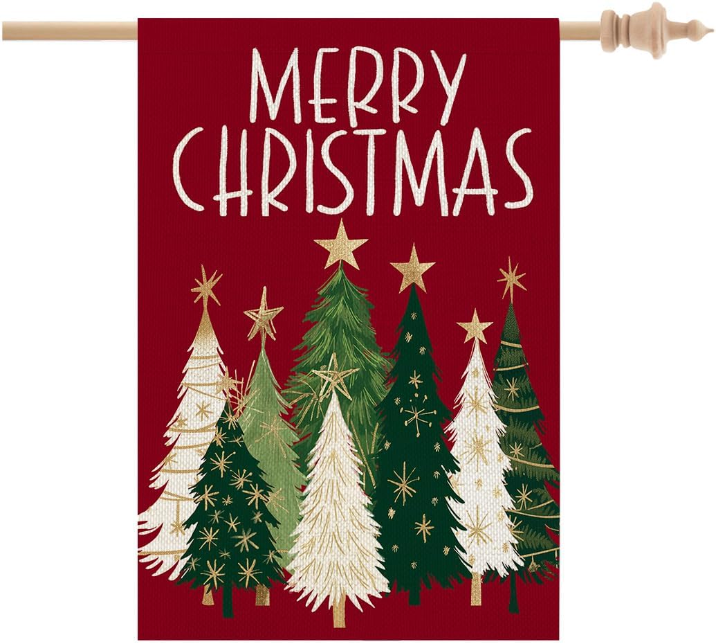 CROWNED BEAUTY Merry Christmas Trees House Flag 28x40 Inch Double Sided for Outside Large Burlap Red Holiday Yard Decoration CF1625-40