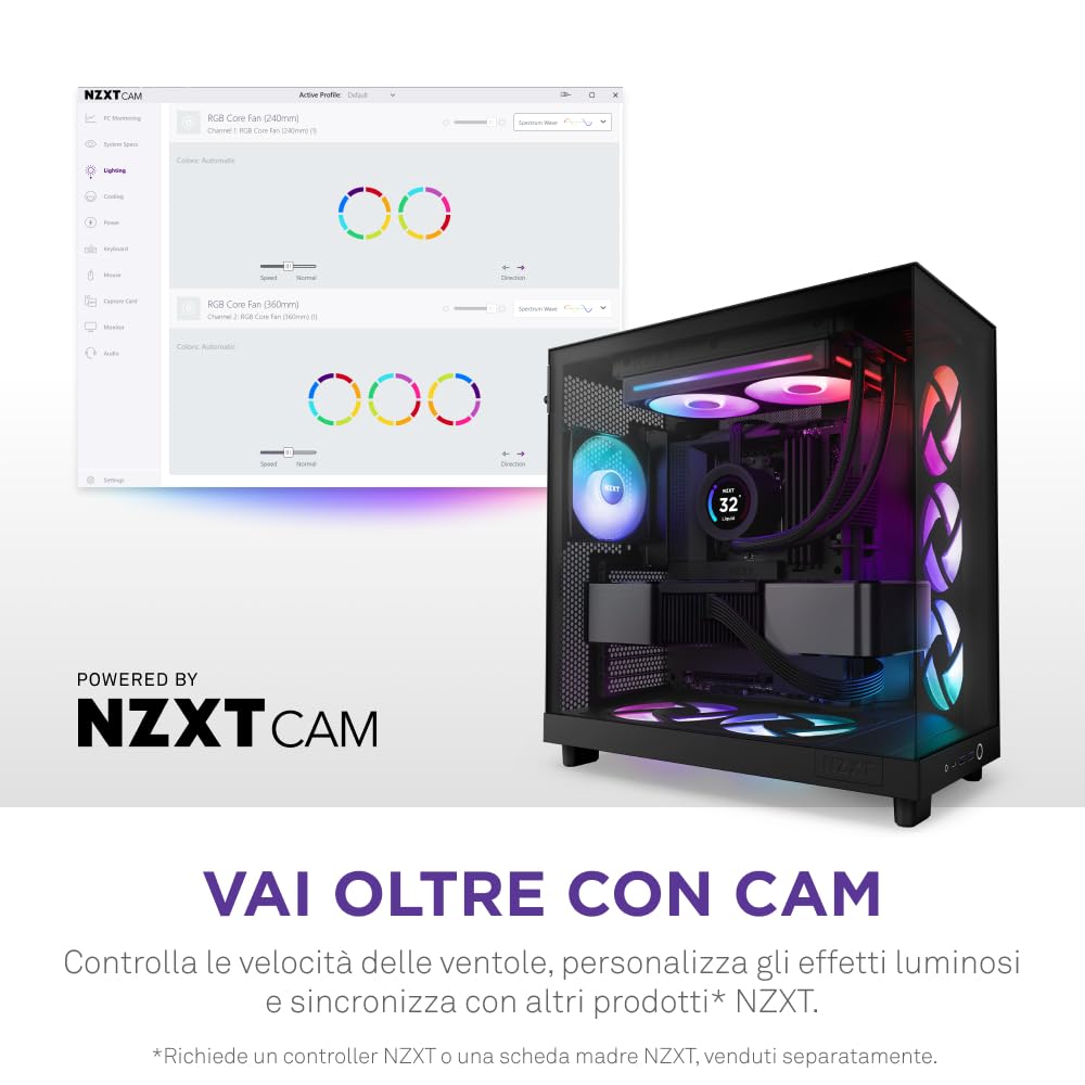 NZXT F240 RGB Core - Telaio singolo 240 mm con 2 ventole RGB 120 mm - Controllo velocità illuminazione - Alta pressione statica e flusso d'aria - Cuscinetti fluidodinamici - 8 LED aRGB - Nero
