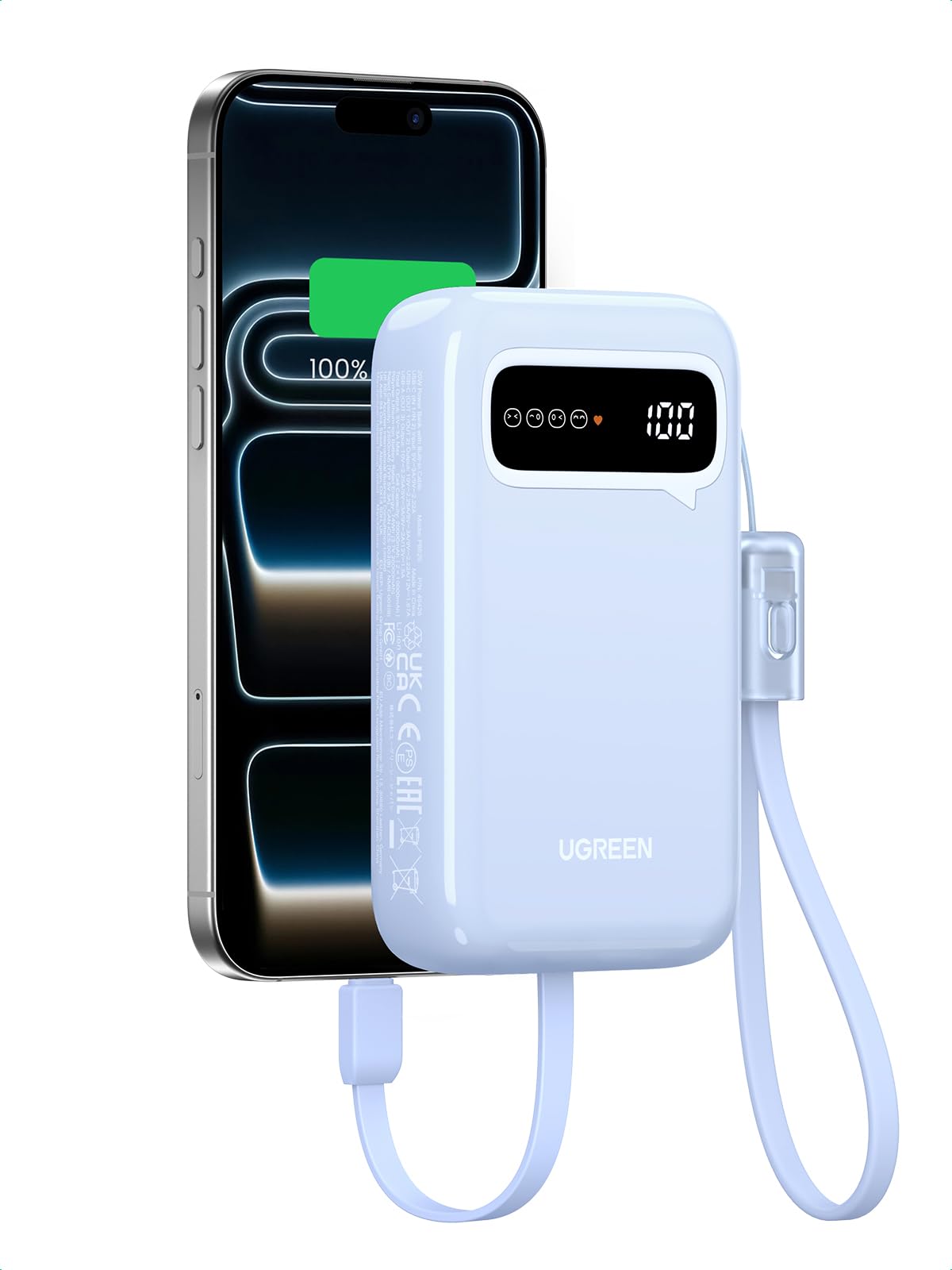 UGREEN Batterie Externe 20000mAh 22.5W Câble Intégré USB C Power Bank Portable Charge Rapide 2 Ports Emoji Affichage Compatible avec iPhone 17 16 15 14 13 Air Plus Pro Max Galaxy S25 S24 iPad (Bleu)