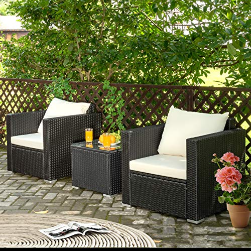 Tangkula 3 Pieces Patio Furniture Set, Pe Rattan Wicker Sofa Set W/Washable Cushion And Tempered Glass Tabletop, Outdoor Conversation Furniture For Garden Poolside #TOP1
