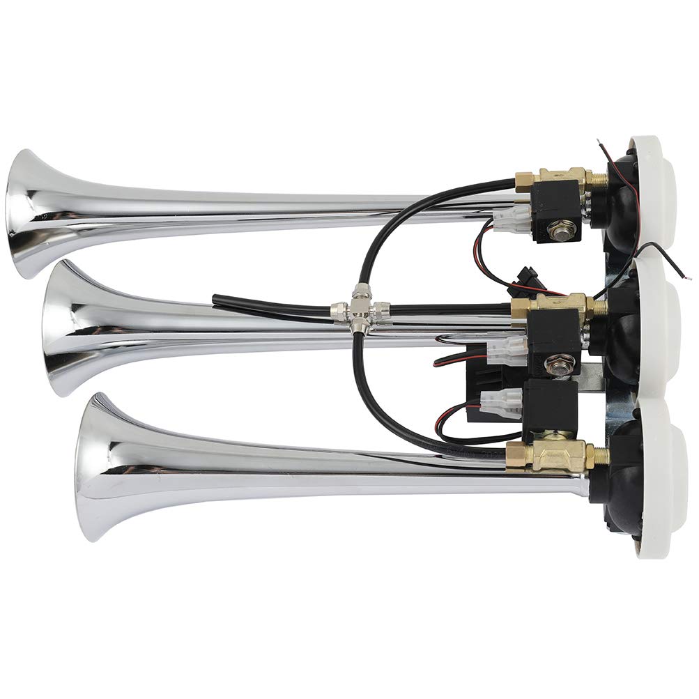 12V 150db Super Loud 3 Trumpet Electric Truck Train Car Air Horn with 8 Tunes for Cars Trucks Trains Boats RVs