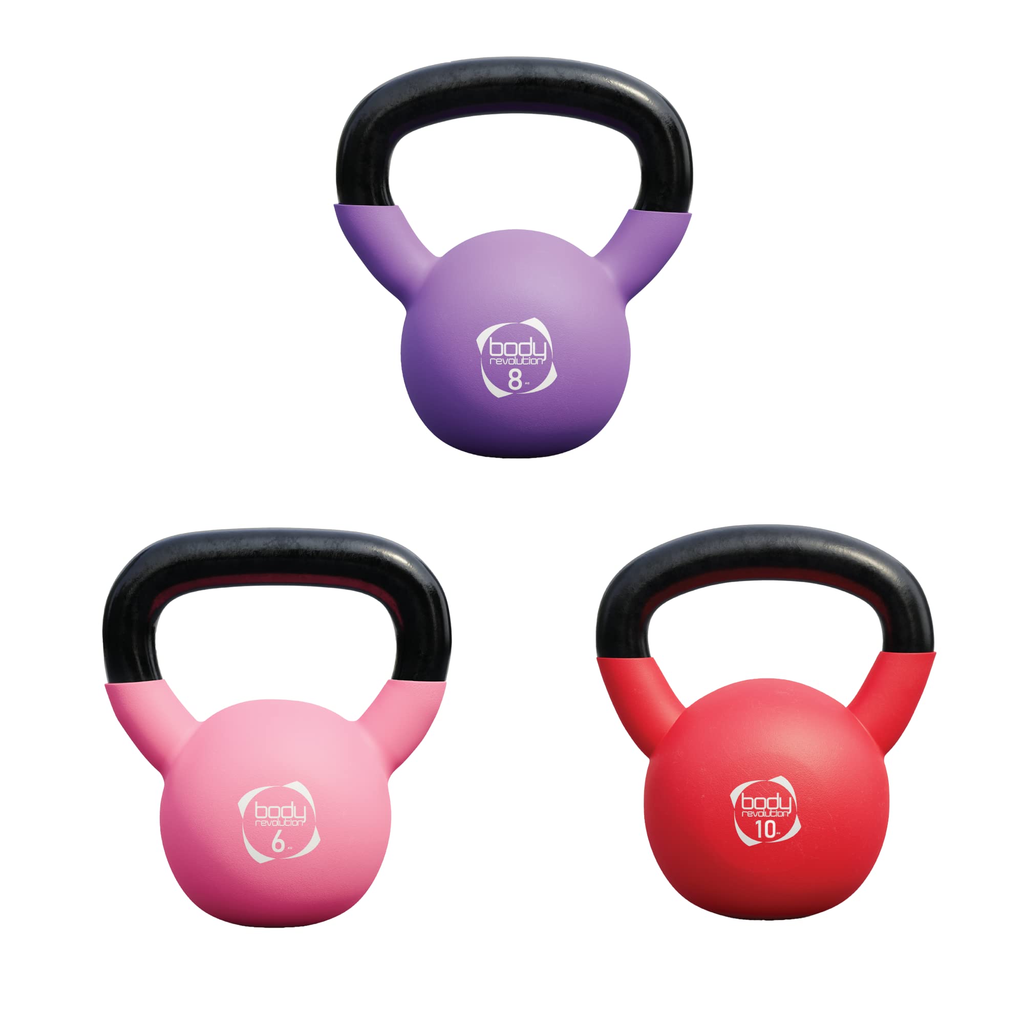 Body Revolution Neoprene Coated Cast Iron Kettlebells - Home and Gym Weights - Strength and Fitness Training Equipment for Men and Women, 2kg - 24kg, 6kg+8kg+10kg (Multicolour Set)