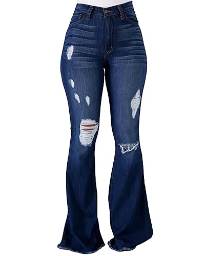 PEIHOT Vintage Bell Bottoms Flare Jeans for Women 90s High Waist Ripped Distressed Wide Leg High Rise Denim Pants - X-Large - 203-dark Blue
