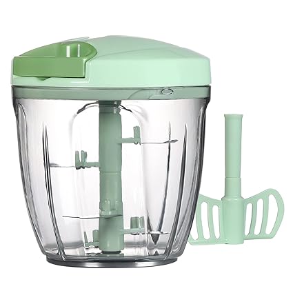 Ourokhome Garlic Grinder Onion Chopper, 2 in 1 Manual Food Processor Portable Speed Pull String Vegetable Cutter for Veggies, Ginger, Fruits, Nuts, Herbs with a blend blade etc., 900 ml, Green
