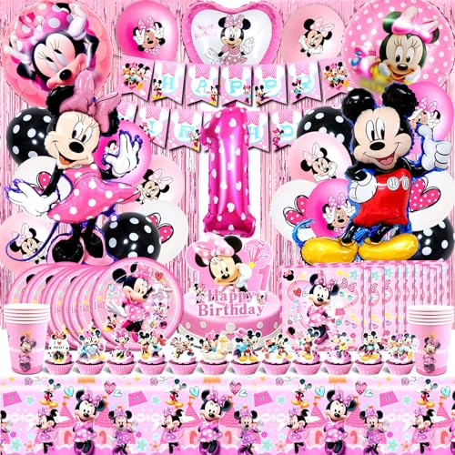 90 Piezas Decoracion Cumpleaños Minni 1 Años, Minni Cumpleaños Kit, Fiesta Minni Cumpleaños, Globos Minni Cumpleaños, Mantel, Platos, Bandera, Adecuado para Fiestas de Cumpleaños Infantiles