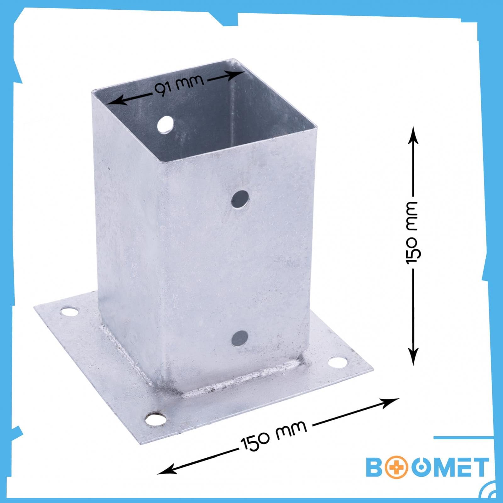 Casquillo atornillable para postes cuadrados · 10 unidades 91 x 91 mm · 7 x 7 cm / 9 x 9 cm · Galvanizado en caliente · Anclaje estable al suelo · Casquillo de suelo resistente a la corrosión ·