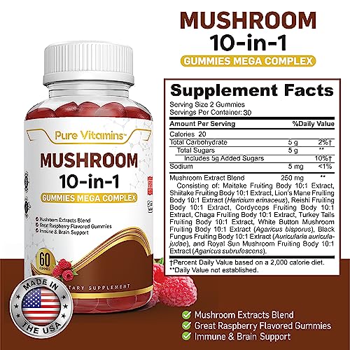 Pure Vitamins Lion's Mane Mushroom Supplement 10 in 1 Complex 60 Gummies - Mushroom Extract Blend Memory Supplement for Brain Health & Lions Mane Supplement Turkey Tail Cordyceps Reishi Chaga Shiitake - Image 3