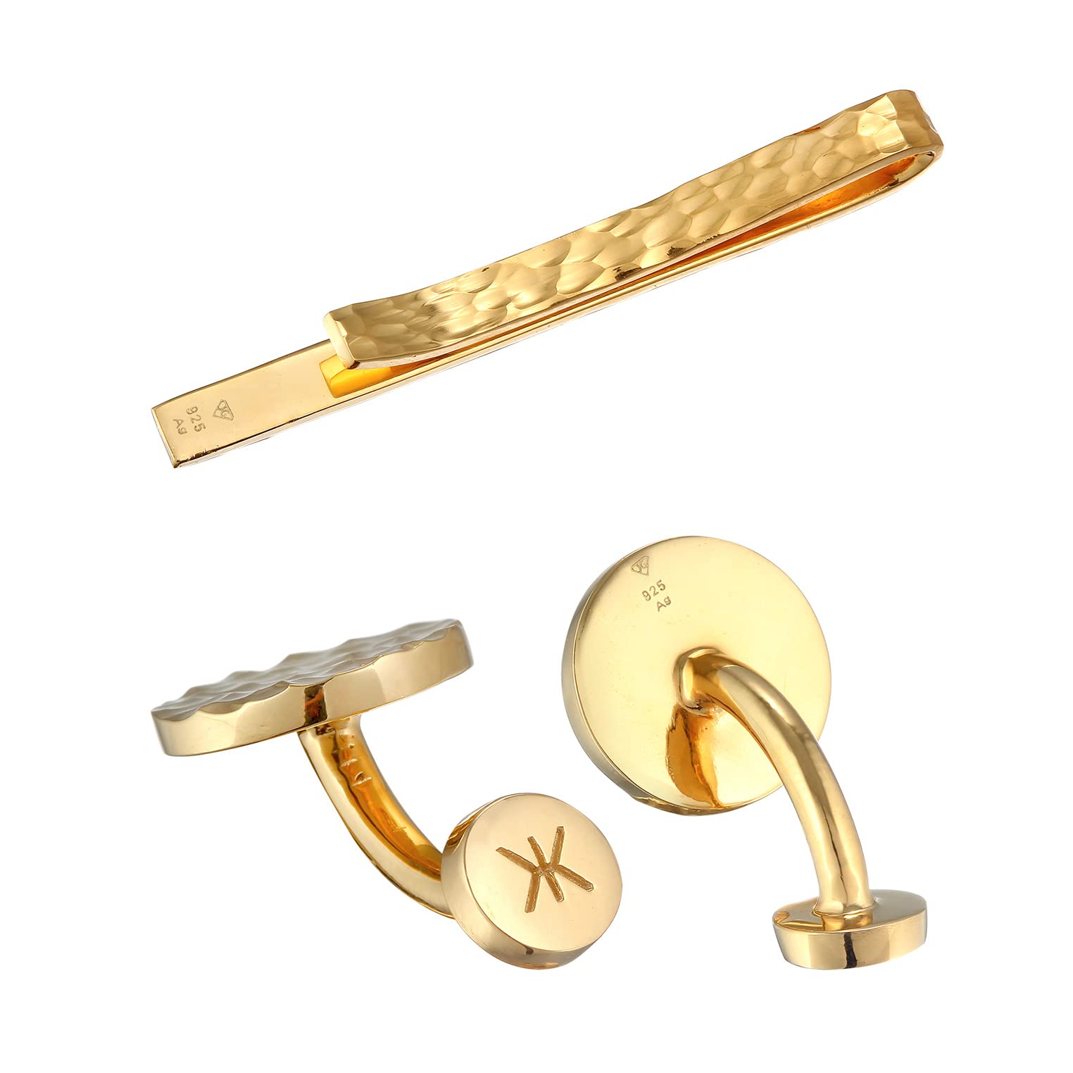 Kuzzoi Gemelli da uomo con design e fermacravatta in stile martellato, set di accessori da uomo in argento sterling 925, elegante regalo per matrimonio e compleanno, Argento sterling