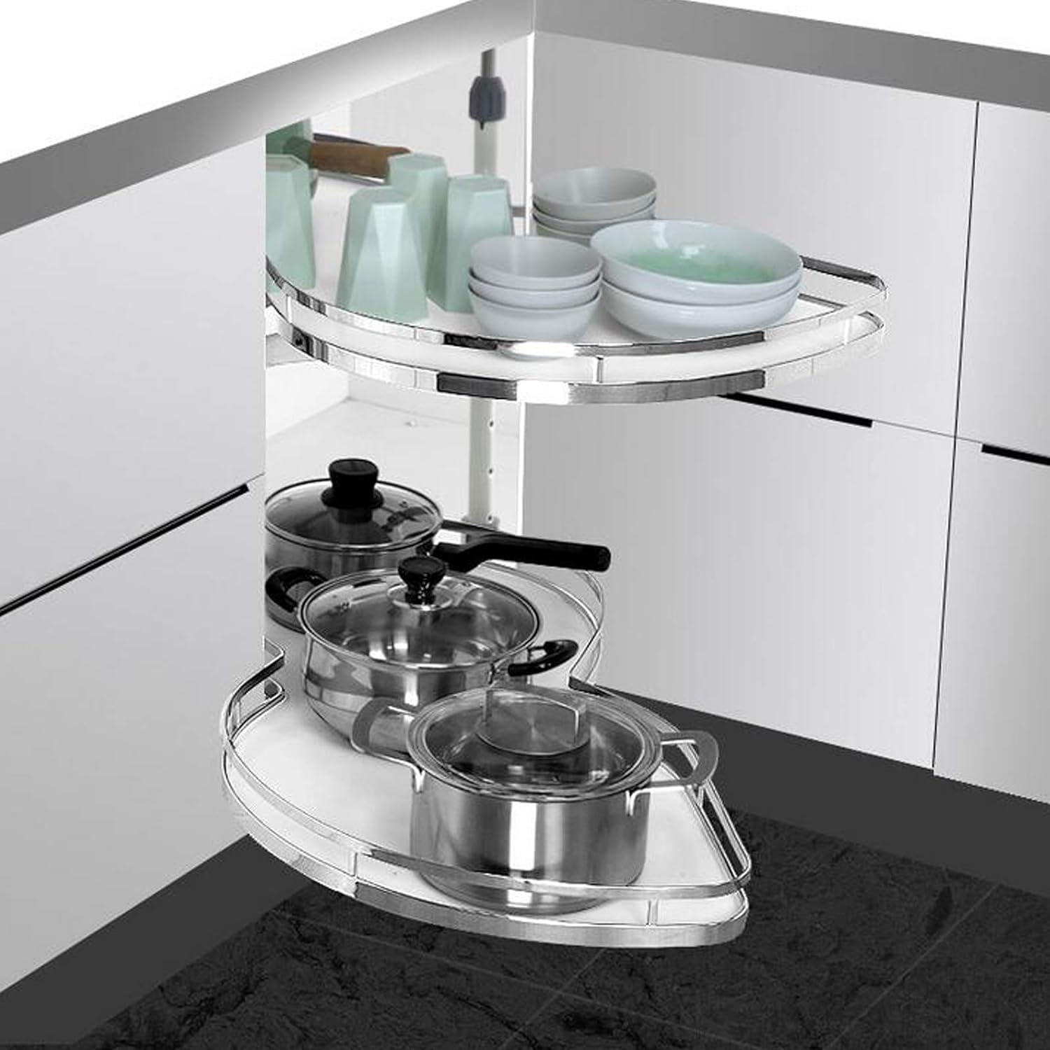 IUokLU Kitchen Cabinet Blind Corner Pullout Organizer, Flying Saucer Shelving Unit 2 Tier Pullout Organizer, for 900mm-1000mm Cabinet Whit - Right/Left Open(A)