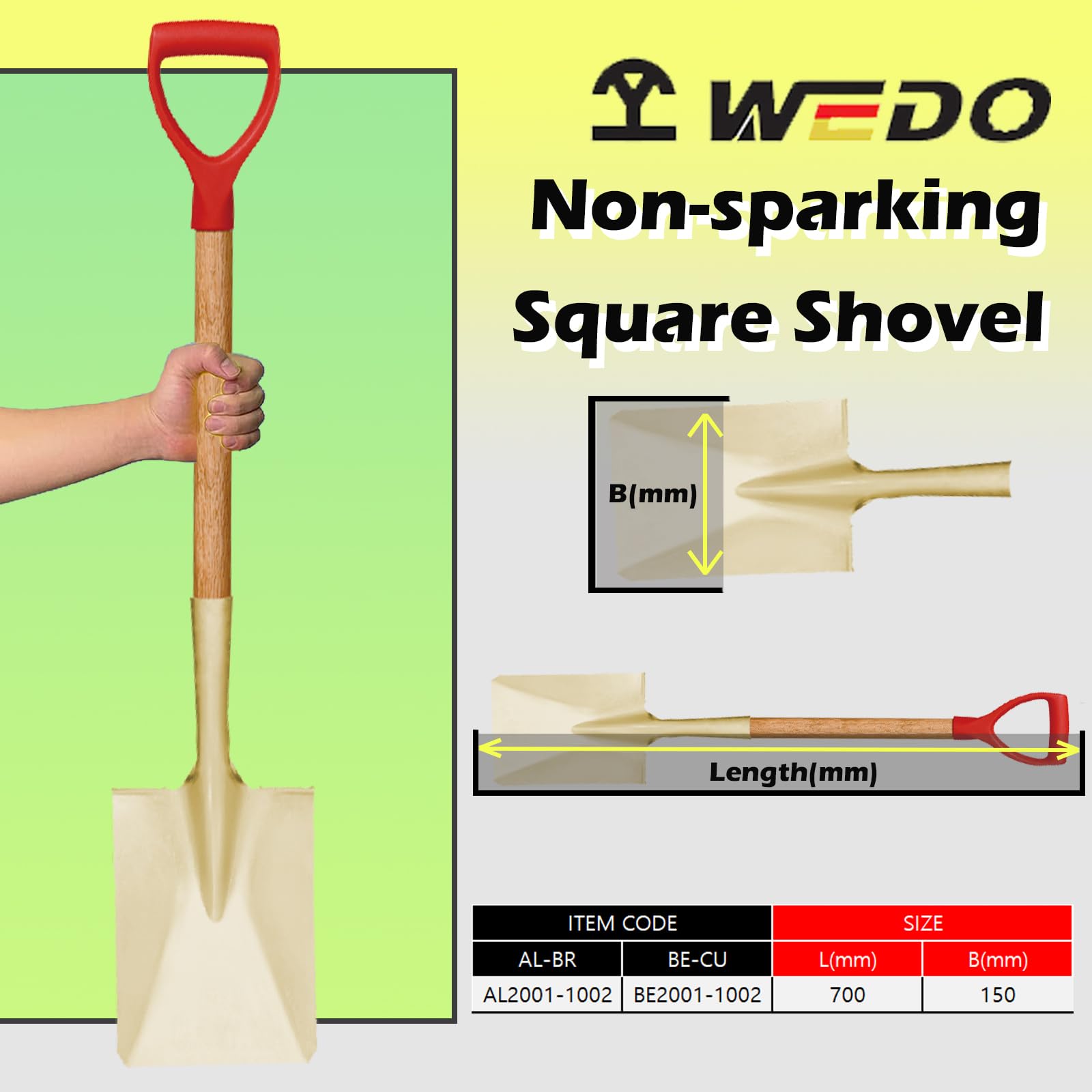 WEDO Kwadratowa łopata, płaska łopata z drewnianym uchwytem, wygodny uchwyt D, szpadel do kopania bez iskier, długość 700 mm, brąz aluminiowy, standard DIN, certyfikat BAM i FM