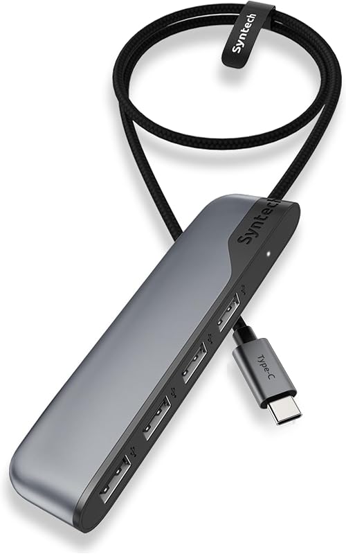Syntech Hub USB-C a USB 3.0 de 2 pies, 4 puertos con adaptador USB-A para iPad | Transferencia de 5 Gbps, compatible con Thunderbolt 5/4, carcasa de aluminio, cable trenzado, plug-and-play para MacBook, iPhone