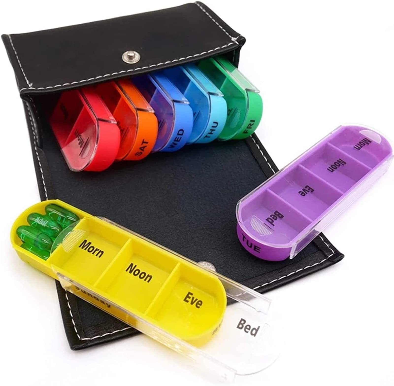EWANTO 50 x pudełko na tabletki, pudełko na lekarstwa, w kolorze czarnym, wegańskiej skóry, etui 7 dni, 28 przegródek, 7 wyjmowanych pudełek dziennych, wielokolorowe pudełko na tabletki