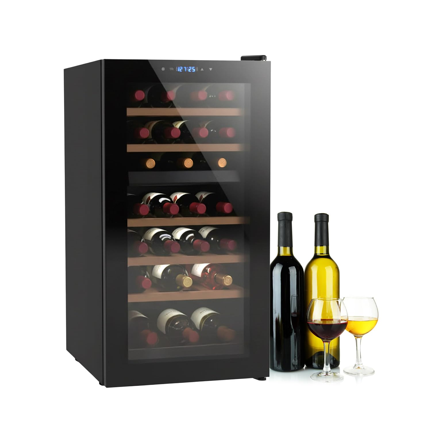 Wintem Vinoteca de vino refrigerada elegante – Doble temperatura personalizable, nevera termoeléctrica con pantalla LED táctil | Capacidad para 28 botellas de 82 l – Regalo de Navidad