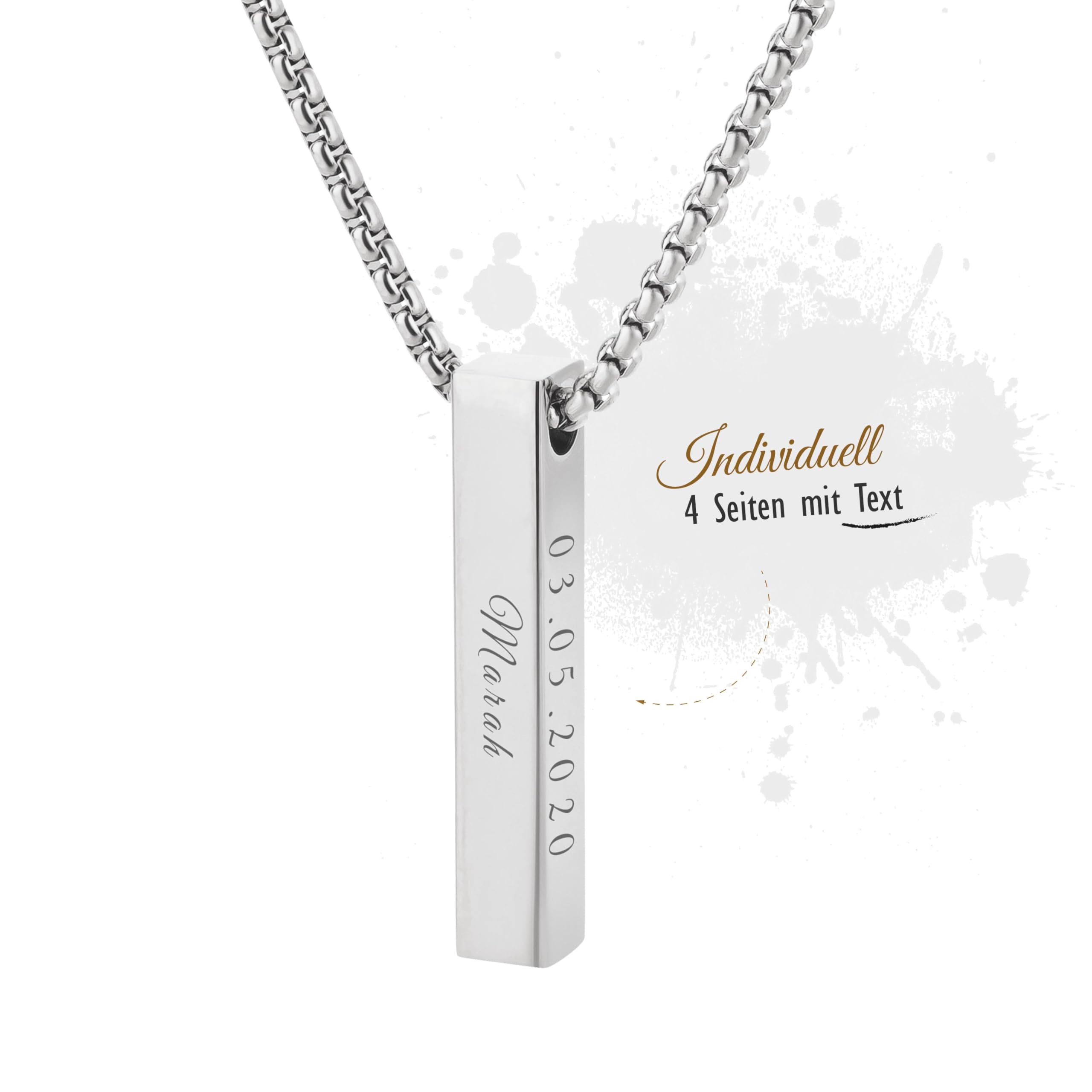 Stabanhänger mit Kette und personalisierter Gravur, Namen und Datum / Namenskette personalisiert mit Wunschgravur in Silber / Gold / Rosegold für Damen Frauen Herren / Halskette als personalisierte Geschenke