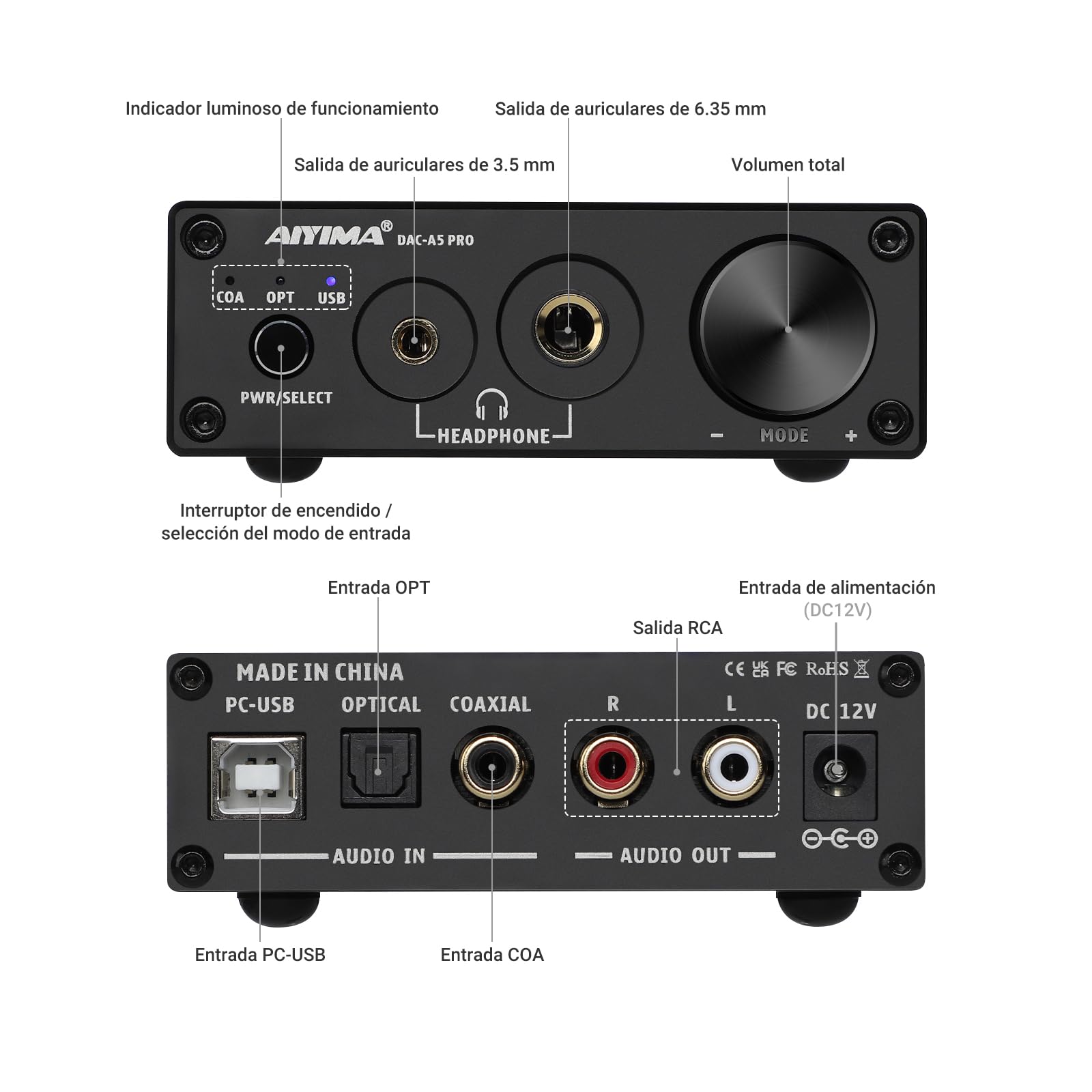 AIYIMA DAC A5 Pro Mini amplificador de auriculares HIFI USB DAC decodificador Audio 24BIT 192KHz Mini decodificador estéreo con DC12V