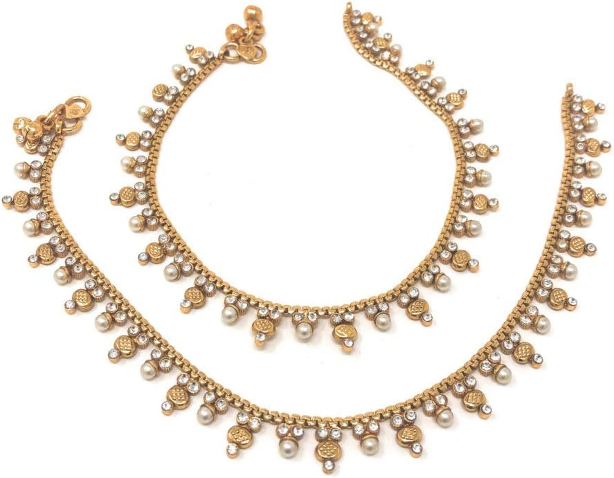 Duel On Jewel Indian Women’s Bell Chain Anklet Payal Sets, Gold-Tone with Glass Stones, Pearl, and Multicolor Charm Clusters, Easy-to-Wear S-Hook Clasp, Perfect for Bridal, Party, Beach, and Gifts