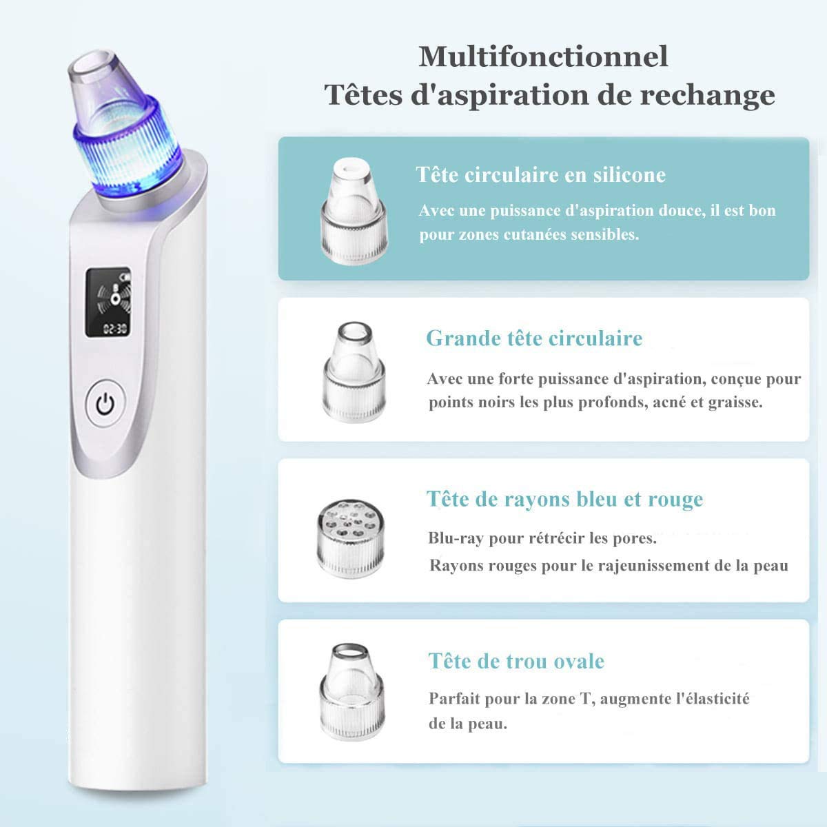 Limpiador de Poros Electrico Succionador, USB Recargable Removedor Puntos Negros con Pantalla LCD y 3 Cabezales Extraíbles